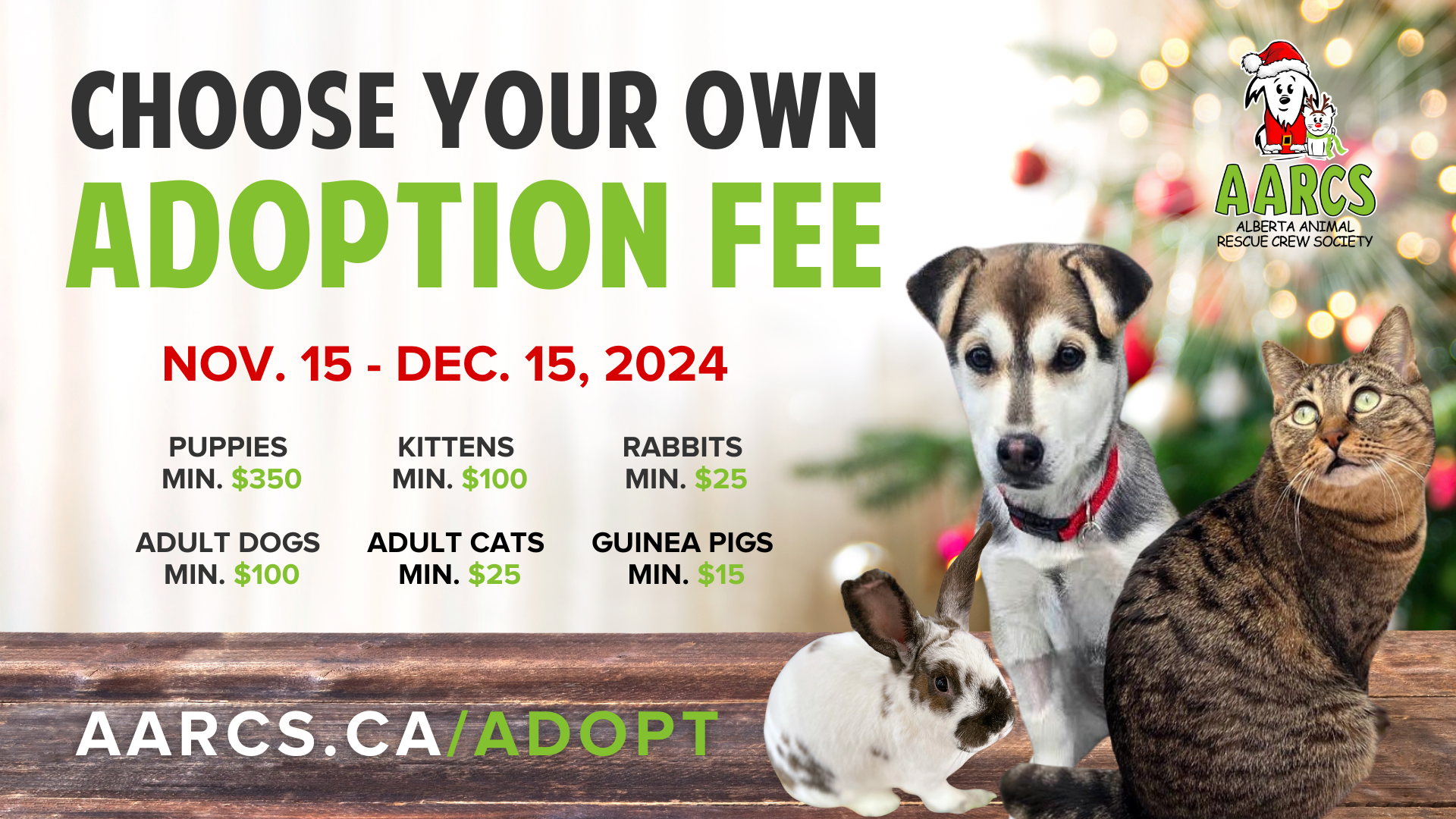 Choose Your Own Adoption Fee promotion on November 15 - December 15, 2024. Minimums apply. Puppies: Minimum $350 Adult dogs: Minimum $100 Kittens: Minimum $100 Adult cats: Minimum $25 Rabbits: Minimum $25 Guinea pigs: Minimum $15